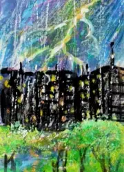 ACEO Original Painting CITY Building Landscape RAIN Storm Lightning Tree ATC ART