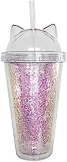 Water Tumbler with Straw Lid Plastic Cup with Straw Sequin Double Layer Water Bottle Cute Cat Ear Glitter Cup for Girls