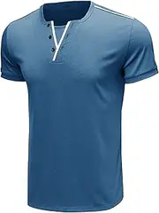 [Maiyifu-GJ] Mens Casual Slim Fit Basic Short Sleeve Front Placket V-Neck Tee Top Summer Button Cotton T-Shirt