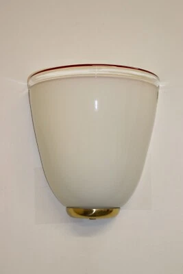 Murano Rare Wall Lamp. Hand Blown Milky White Glass with Transparent Border