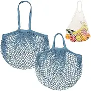 uxcell 2-Pack Cotton Mesh Bag, Reusable Washable Mesh Net String Grocery Bags, Reusable Produce Bags with Handle, Net Tote Bag for Fruits Shopping [Gray-Blue, Long&Short Handle]