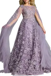 [JOVANI] A-LINE GOWN WITH FLORAL EMBROIDERY AND CAPE SLEEVES US 12 PURPLE