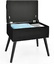 Costway Vanity Stool with Storage, Velvet Ottoman with Solid Wood Legs & Flip-Up Padded Seat, Modern Footrest Stool, Rectangular Shoe Changing Stool for Makeup Room, Entryway & Bedroom