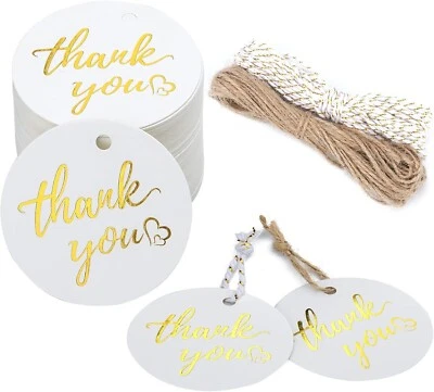 100PCS Round Thank You Gift Tags with String,High-end White Paper Hang Tags Gift