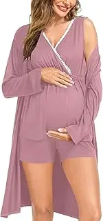 [SWOMOG] Womens Maternity Nursing Pajama Set with Robe 3 Piece Breastfeeding Sleepwear Sleeveless Top & Shorts Pregnancy PJs, Taro Purple, XX-Large