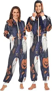 [ZZXXB] Gnome Maple Leaf Print Onesie Pajamas for Adult Women Men Long Sleeves One Piece Onesies Hooded Sleepwear S - XL