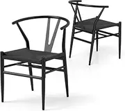 Giantex Wishbone Dining Chair Set of 2, Mid-Century Modern Weave Armchairs w/Y-Shaped Backrest, Woven Twine Seat, Armrest, Rattan Accent Chair for Dining Room Kitchen Home Office (Black)