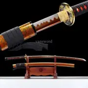Japanese Samurai Katana 1095 Carbon Steel Sword Sharp Red Blade Orange Scabbard.