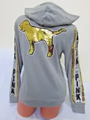 NEW BLING Victoria Secret Pink SILVER GOLD BLACK SEQUIN DOG LOGO JACKET HOODIE S