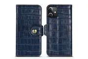 For iPhone 12 mini Case Genuine Leather Crocodile Texture Wallet Flip Cover Blue