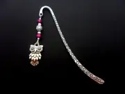 A TIBETAN SILVER OWL CHARM & PURPLE PEARL BEAD BOOKMARK. NEW.