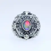 Aurora Opal Stone Poison Ring, 925 Silver Platted, Hexagon Shape Ring