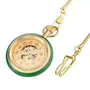 Luxury Jade Golden Automatic Pocket Watch Self-Winding Skeleton with Snake Chain