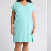 Eileen Fisher V-Neck Cap Sleeve Aqua Dress In Medium