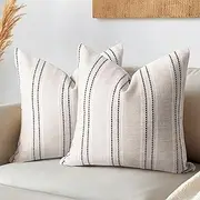 [Sunlit] 18x18 inch/45x45 cm Decorative Farmhouse Linen Throw Pillow Covers, Set of 2 Boho Textured Pillow Cases, Beige with White & Black Stitch Yarn Dyed Stripe Cushion Cover (Cover ONLY)