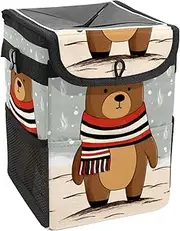 Car Trash Can with Lid and Storage Pockets Leak-Proof Organizer,Waterproof Garbage Can,Bear Wearing Red Scarf