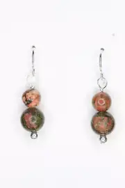 Unakite Green 7, 9mm Ball Natural Gemstone .925 Sterling Silver Earrings 1.25"