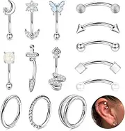 [Milacolato] 14 Pieces Rook Piercing Gold 16G Surgical Steel Eyebrow Piercing 8 mm Curved Barbell Conch Piercing Silver Vertical Labret Piercing Daith Helix Cartilage Tragus Piercing Earrings