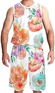 [FNETJXF] Basketball Jerseys Shorts Sport Set, Jersey Shorts Outfit Set, Mens Basketball Jerseys, Peonies Watercolor Pink Flowers Spring