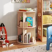 HONEY JOY Kids Rotating Bookshelf, Cute 2-Tier Kids Bookcase with Bear Bookends & 8 Compartments, 360° Spinning Floor Book Stand, 65cm Corner Toddler Book Rack for Kid’s Room, Play Room, Study