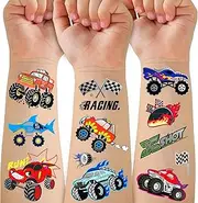 75 PCS Truck Temporary Tattoos for Kids, Groovy Metallic Styles Tattoos for Truck Wheels Birthday Party Supplies Racing Car Checkered Flag Trophy Flame Fake Tattoo Stickers for 5 6 7 8 Years Old Boys