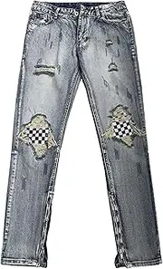 [Zylphorix] Men Checked Patch Ripped Skinny Jeans Slim Fit Mid Waist Denim Feet Pants Y2K Vintage Casual Pencil Trousers, Blue, Large