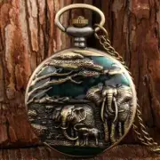 Timeless Charm) Vintage Bronze Elephant Embossed Quartz Pocket Watch with Chain