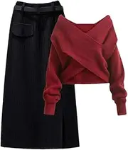 [Generic] Large Women's Spring Set Women's Solid Long Sleeved Knit Sweater Tops Slim Half Skirt Two Piece Set