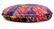 Indian Patchwork Floor Pillow Pom Lace Cushion Pouf Ottoman Cotton Round Throw