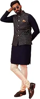 [KISAH] Men's Kurta Jacket Churidar Set, Navy Blue Cotton Blend, Woven Design Regular Fit Mandarin Collar Long Sleeves