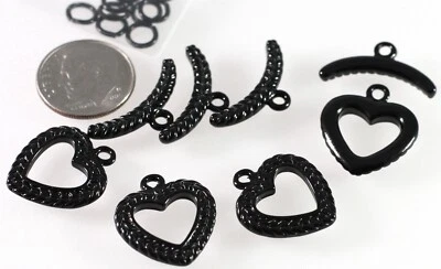 Clasp, 4 Sets Black Enameled Pewter 17mm Heart Toggle Clasps with Jump Rings *