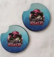 Car Coasters Rubber Set of 2 "Weekend Hooker" Funny Fishing Bass Fishing