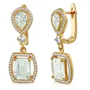 925 Sterling Silver Rose Gold-Tone Rectangular Teardrop CZ Dangle Earrings, 1.2"