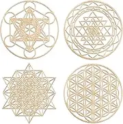 Leinuosen 4 Pcs 12 Inch Crystal Grid Board Sacred Geometric Wall Art Set Metatron Cube, Flower of Life, Sri Yantra, 64 Star Tetrahedron Pagan Decor Home Wall Decor for Room (Wood Color)