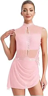 [Aislor] Women's Lyrical Dance Costume Sleeveless Backless Figure Skating Dresses Sheer Mesh Overlay