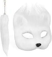 PACKOVE Faux Mask Cat Wolf Cosplay Costume Set Plush Mask Furry Fox Mask Mask Animal Tail Halloween Party for Girls Women White