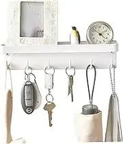 Wall Key Holder, 24.5cm/9.6inch Metal No Drill Wall Mounted Key Hangers with 6 Hooks & Tray, Modern Simple Letter Holder for Hallway Kitchen Decoration (White)