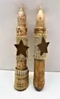 2 Burnt Ivory Burlap Rustic Star Battery Operated Taper Candle Timer 6”