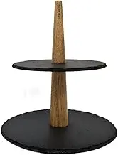 GABEL & TELLER Ceramic 2 Tier Slate Serving Stand with Acacia Handle