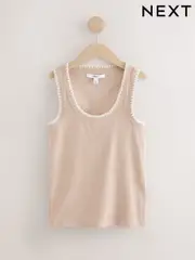 Neutral Contast Knit Trim Scoop Neck Sleeveless Tank Vest Top (AR8738) | $26