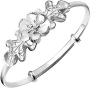 Fashion Bracelet,Gifts for Mum,Women 925 Silver Bracelet Chinese 3D Flowers Adjustable Cuff Bangle Friendship Bracelet Ladies Silver Jewellery Birthday Gifts for Sisters Friend Mom