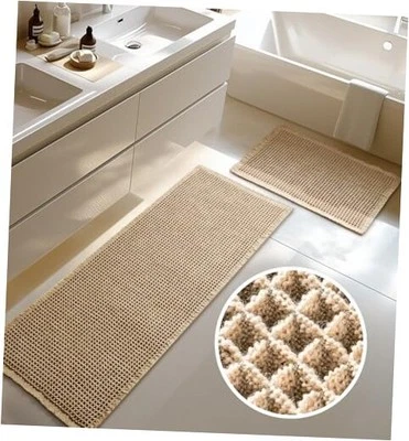Large Waffle Bath Mat Set, Non Slip Bathroom Mat 20"×47" Plus 16"×24" Brown