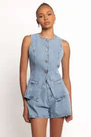 [PUP100] Almana Denim Short Set - Medium Blue XS Blue