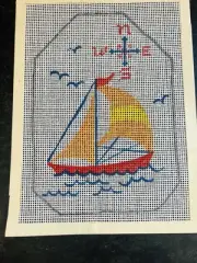 Sailboat Needlepoint Canvas Tapestry Seagulls Waves Weather Vane Vintage Mesh