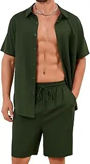 [Flygo] Men Cotton Linen Sets Outfits 2 Piece Summer Short Sleeve Shirt and Shorts Set Beach Wear Vacation Outfit