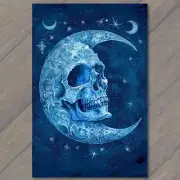 4x6" Skull in the Moon Stars Space Dark Man Weird Strange Unusual Creepy