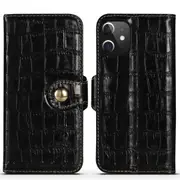 For iPhone 12 mini Case Genuine Leather Crocodile Texture Wallet Cover Black