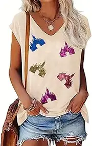 [AIMITAG] Sequin Magic Kingdom Tank Tops Castle Shirts for Women Colorful Castle Tank Tees Funny Vacation Trip Casual Vests