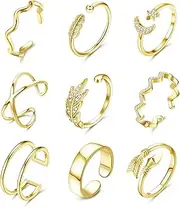 [Sanfenly] 9cs Rings Set for Women,Adjustable Open Rings Set,Finger Stackable Joint Tail Adjustable Knuckle Ring for Women Girls Silver Rosegold Gold Jewelry