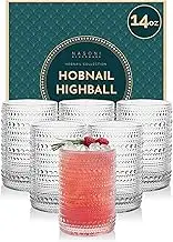 NASONI GLASSWARE 14 oz Hobnail Highball Glasses Set of 6 (Clear) - Embossed Beaded Glass Tumbler Vintage XL Drinkware Double Old Fashioned Cups for Beverages, Cocktails, Margaritas, Juice, Water